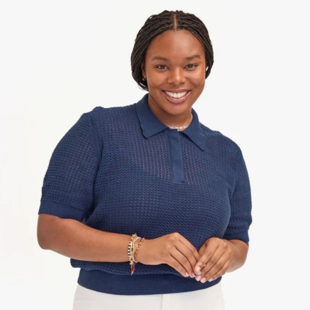 Clare V. Augustine Polo Size L Navy Blue Mesh Cotton Knit Top - Picture 12 of 12